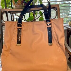 COLE HAAN FINE KID LEATHER, LONG STYLISH BAG, TAN WITH DOUBLE BLACK HANDLE
